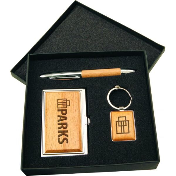 /Wood Finish Gift Set with Business Card Case, Pen & Keychain Thumbnail