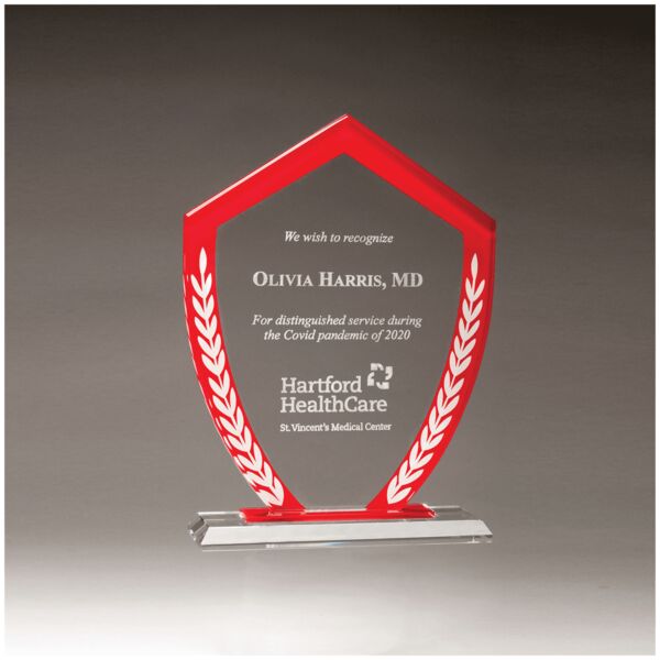 5 7/8" x 8 1/8" Shield Shaped Glass Award with Border and Laurel Leaves Thumbnail