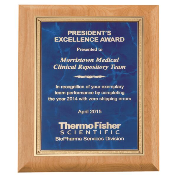 8" x 10" Natural Wood Plaque with Sapphire Marble Florentine Bordered LaserFX Plate Thumbnail