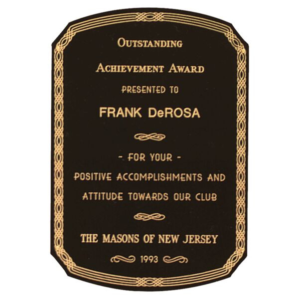 7 1/8" x 10 1/8" Laserable Brass Plate with Notched Corners, Rounded Top and Bottom, Design Border and Four Holes (Fits P1091) Thumbnail