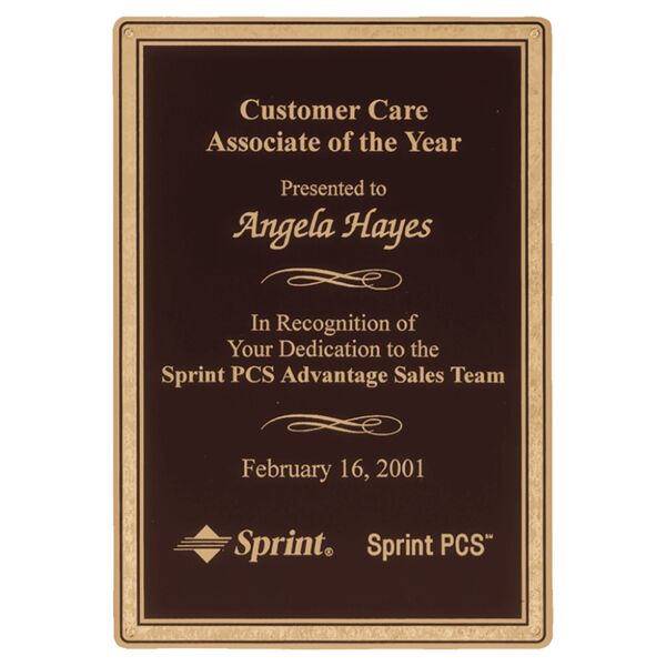 8 3/8" x 10 7/8" Laser Engravable Brass Plated Steel Plate with Round Corners, Florentine Border and Four Holes Thumbnail