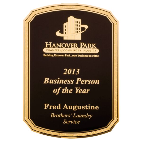 7 1/8" x 10 1/8" Textured LaserFX Brass Plated Steel Plate with Notched Corners, Rounded Top and Bottom, Florentine Border and Four Holes Thumbnail