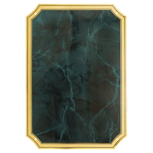6" x 8 1/2" Emerald Marble Brass Plated Steel Plate with Four Holes, Notched Corners, and Florentine Design Border Thumbnail
