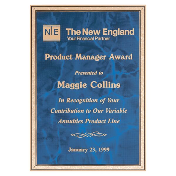 7" x 10" Sapphire Marble Brass Plated Steel Plate with Florentine Border and Four Holes Thumbnail