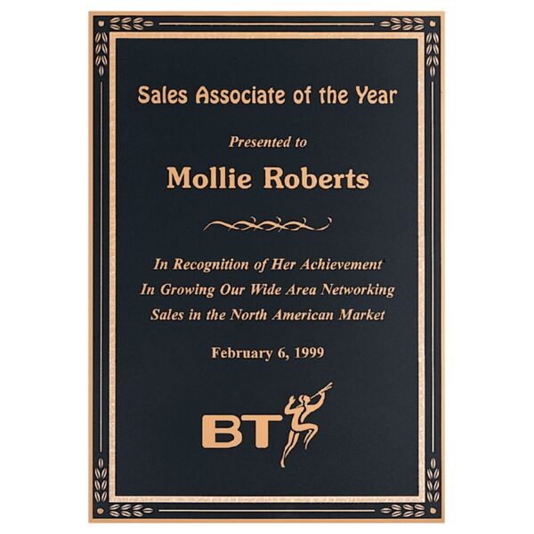 6" x 8" Laser Engravable Brass Plated Steel Plate with Leaf Corner and Florentine Design Border, Four Holes Thumbnail