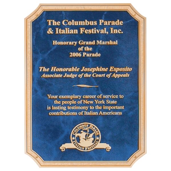 5 1/2" x 7 1/4" Laser Engravable Brass Plated Steel Sapphire Marble Clipped Corner Plate with Florentine Border Thumbnail