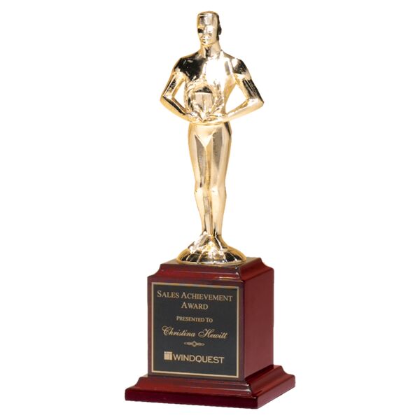 9" Cast Metal Goldtone Finish Classic Achiever Figure on a Piano Finish Base with a Laserable Plate Thumbnail