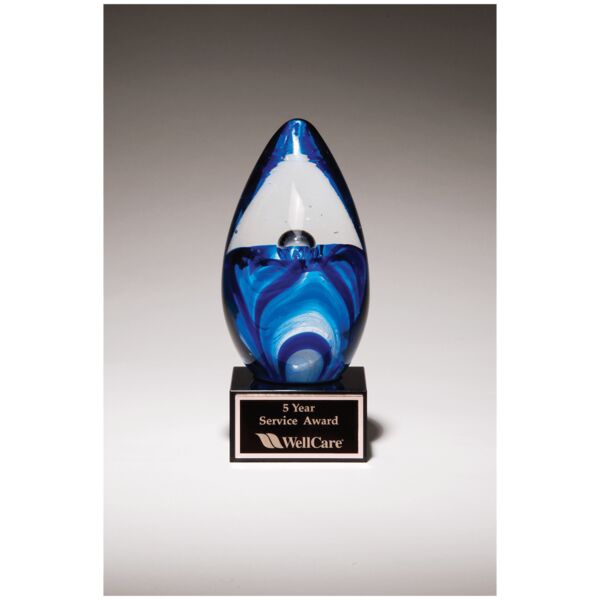 6 1/2" Egg Shaped Art Glass on Glass Base with Laserable Aluminum Plate Thumbnail