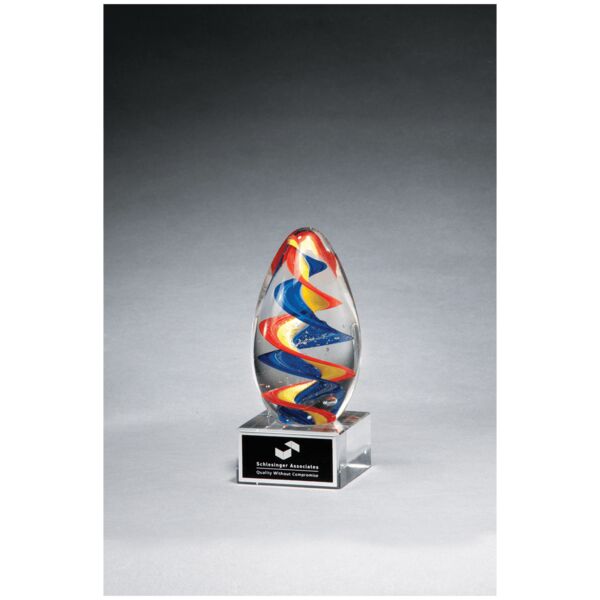 6" Colorful Egg Shaped Art Glass on Glass Base with Laserable Aluminum Plate Thumbnail